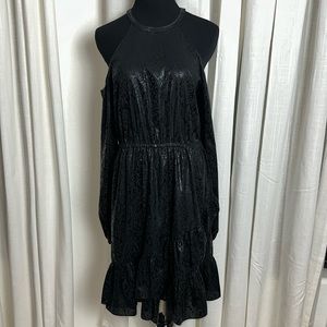 Michael Michael Kors Women's Black Long Cold Shoulder Sleeve Ruffled Hem Dress